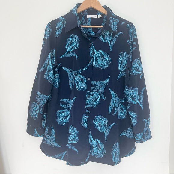 Susan Graver Blouse Mature Womens Blue Floral Button Front Long Sleeve Top Sz 8 - Picture 1 of 8